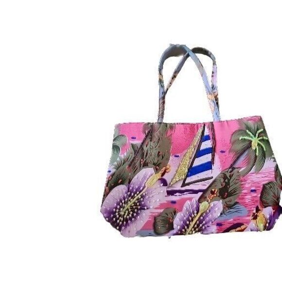 NWOT Beaded Beach Bag Pink Tote - Sailboat, Embellished Palm Tree, Women's Purse - Picture 1 of 9